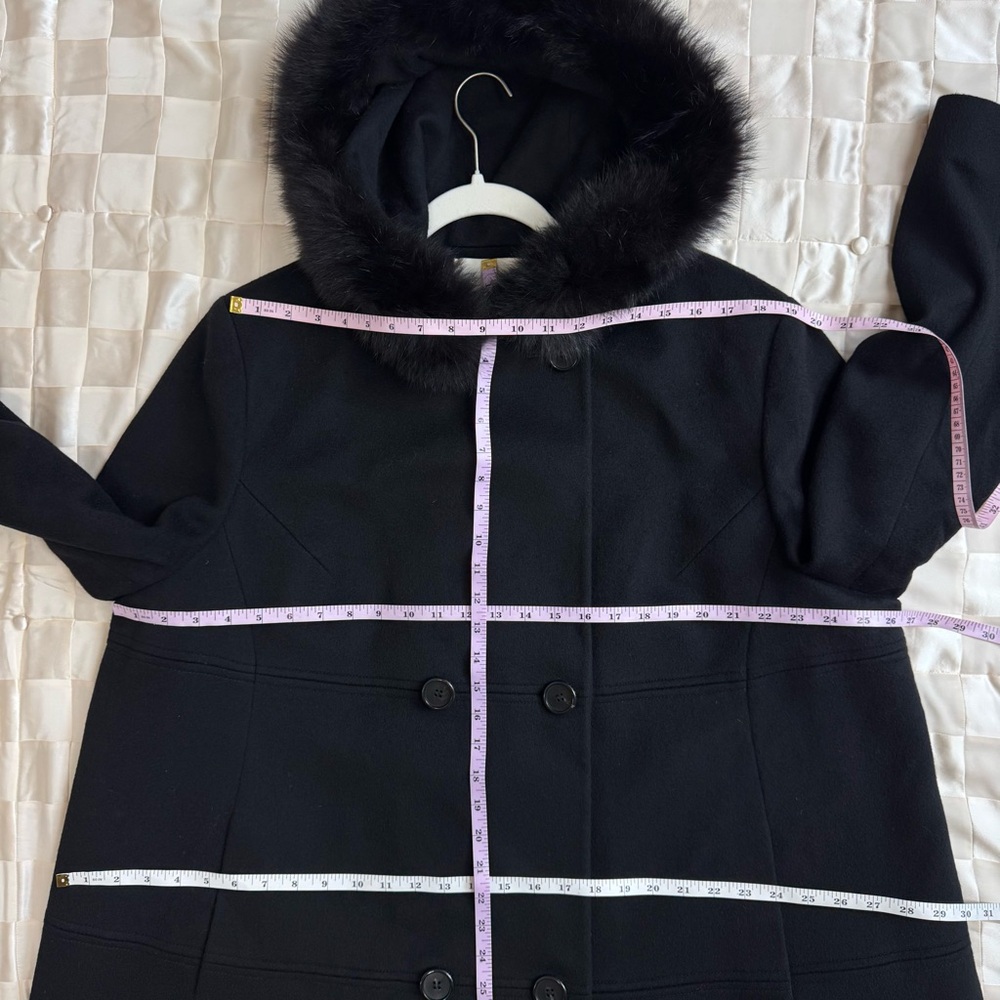 Loro Piana Fleurette Black Wool Double Breasted Coat Genuine Fox Fur Trim Sz 22 - Picture 12 of 17